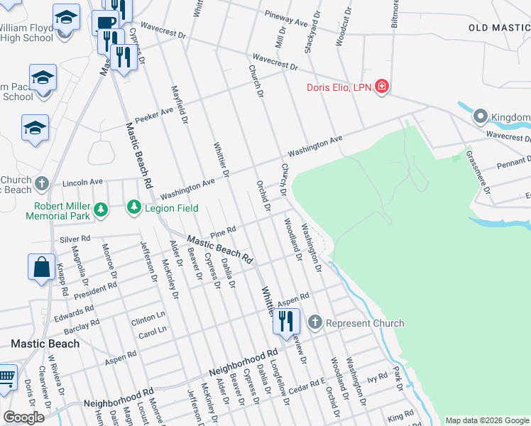 map of restaurants, bars, coffee shops, grocery stores, and more near 200 Orchid Drive in Mastic Beach