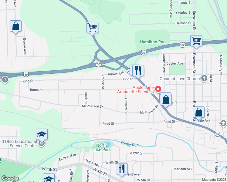 map of restaurants, bars, coffee shops, grocery stores, and more near 546 Burns St in Mansfield