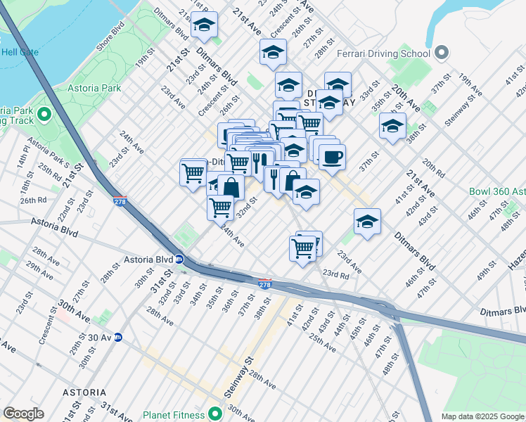 map of restaurants, bars, coffee shops, grocery stores, and more near 23-33 33rd Street in Queens