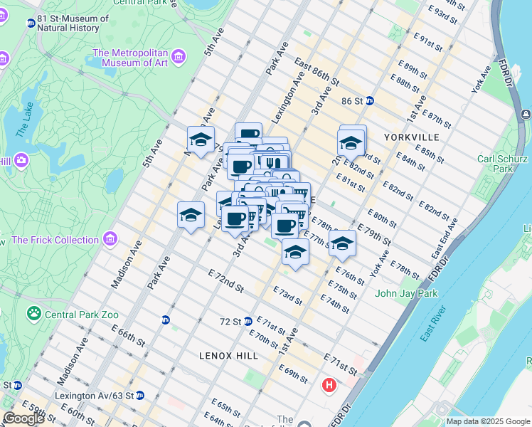 map of restaurants, bars, coffee shops, grocery stores, and more near 200 East 77th Street in New York