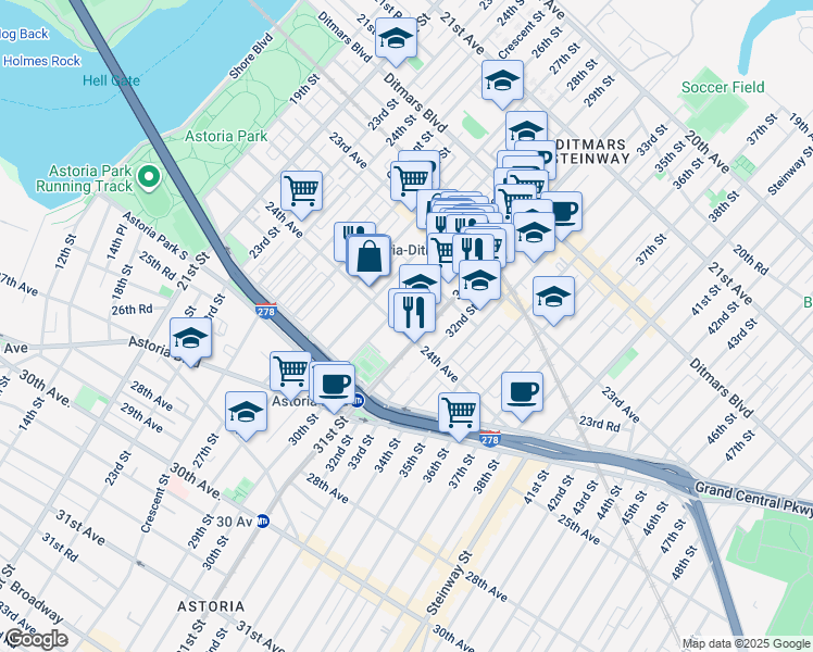 map of restaurants, bars, coffee shops, grocery stores, and more near 29-19 24th Avenue in Queens