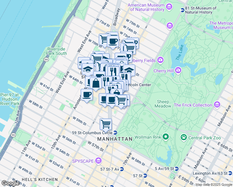 map of restaurants, bars, coffee shops, grocery stores, and more near 37 West 65th Street in New York