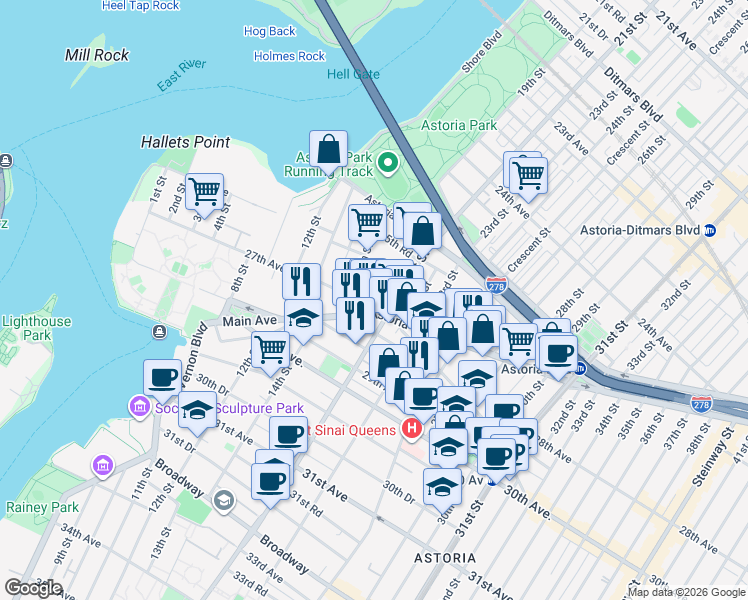 map of restaurants, bars, coffee shops, grocery stores, and more near 18-25 27th Avenue in Queens