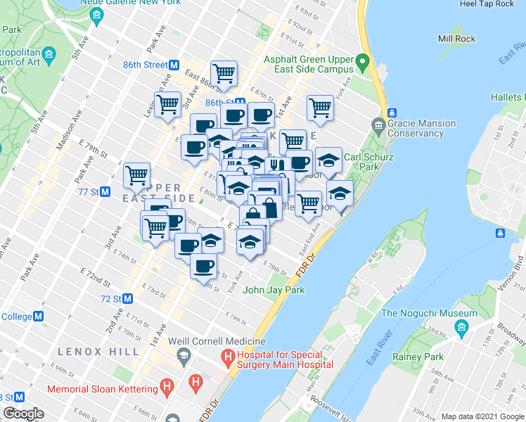 map of restaurants, bars, coffee shops, grocery stores, and more near 444 East 81st Street in New York