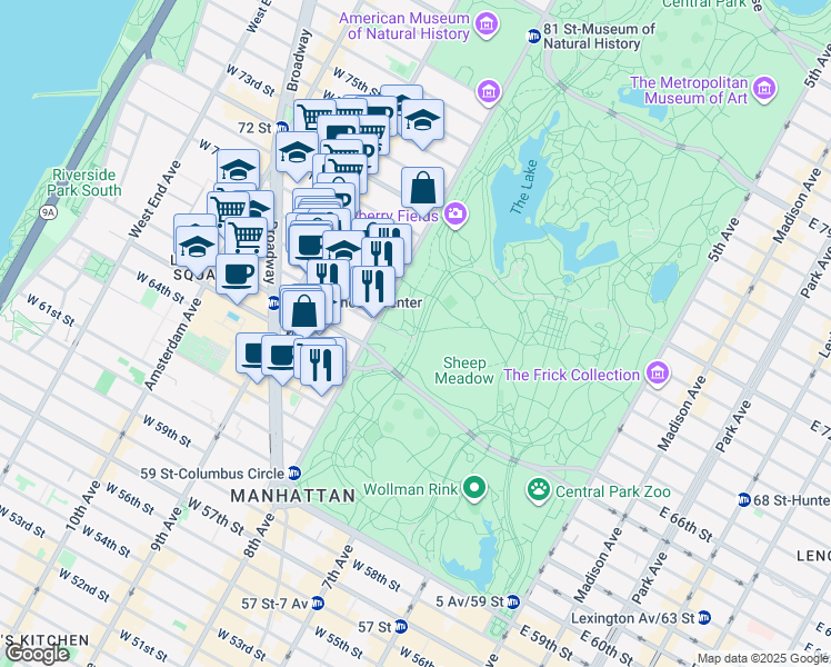 map of restaurants, bars, coffee shops, grocery stores, and more near 67 Central Park West in New York