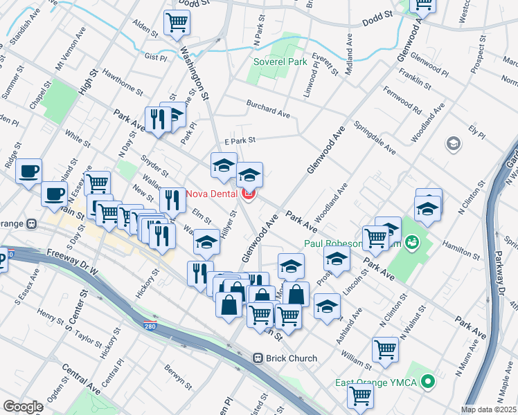 map of restaurants, bars, coffee shops, grocery stores, and more near 647 Park Avenue in East Orange