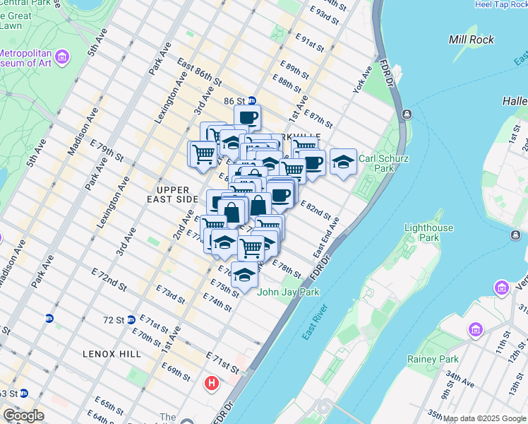 map of restaurants, bars, coffee shops, grocery stores, and more near 427 East 80th Street in New York