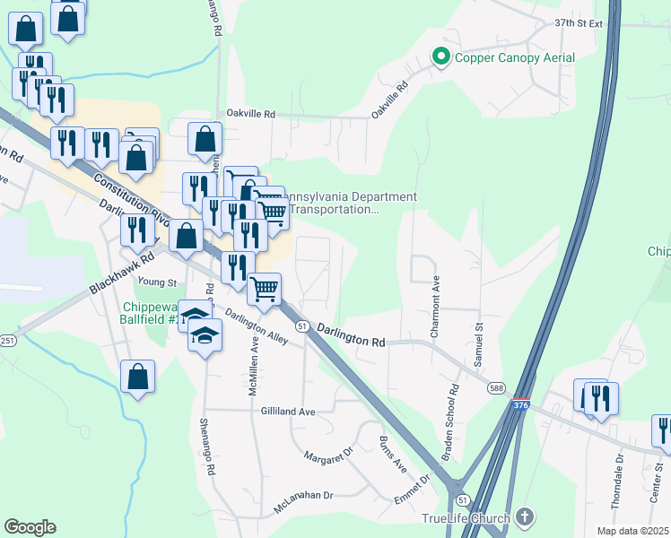map of restaurants, bars, coffee shops, grocery stores, and more near 130 Rama Road in Beaver Falls