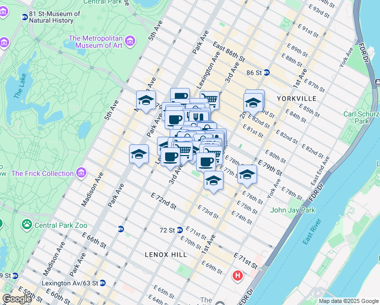 map of restaurants, bars, coffee shops, grocery stores, and more near 205 East 77th Street in New York