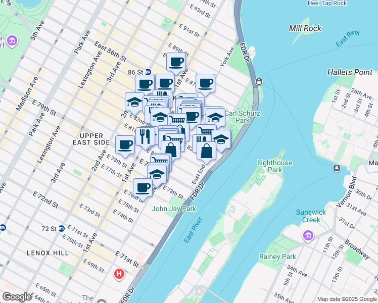 map of restaurants, bars, coffee shops, grocery stores, and more near 506 East 82nd Street in New York