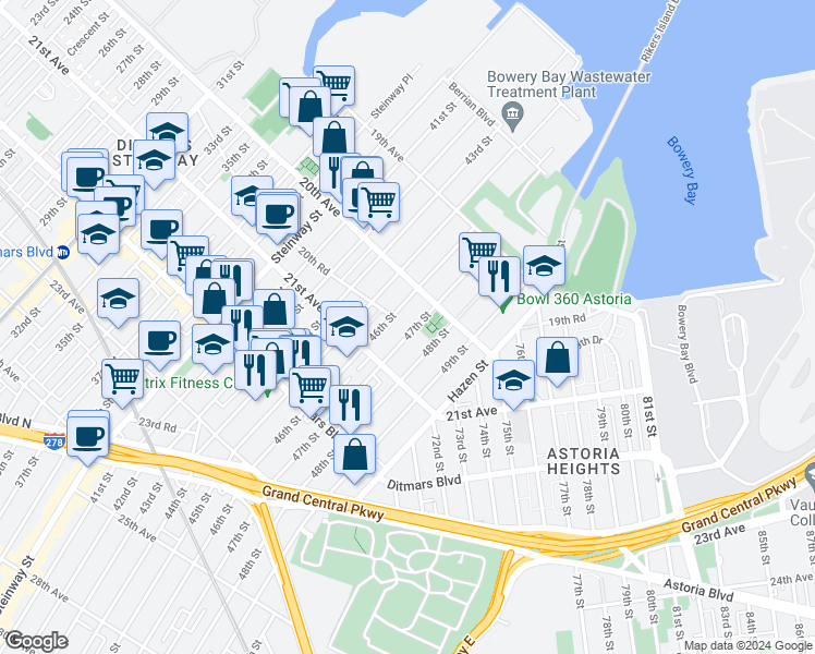 map of restaurants, bars, coffee shops, grocery stores, and more near 20-34 47th Street in Queens
