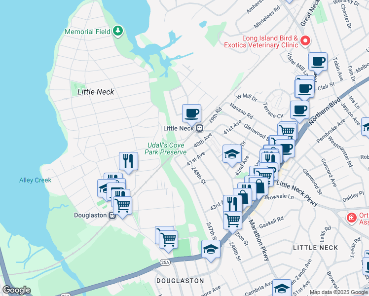 map of restaurants, bars, coffee shops, grocery stores, and more near 248-09 40th Avenue in Queens