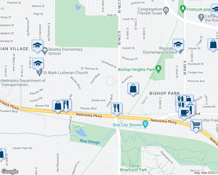 map of restaurants, bars, coffee shops, grocery stores, and more near 2535 South Bishop Square in Lincoln