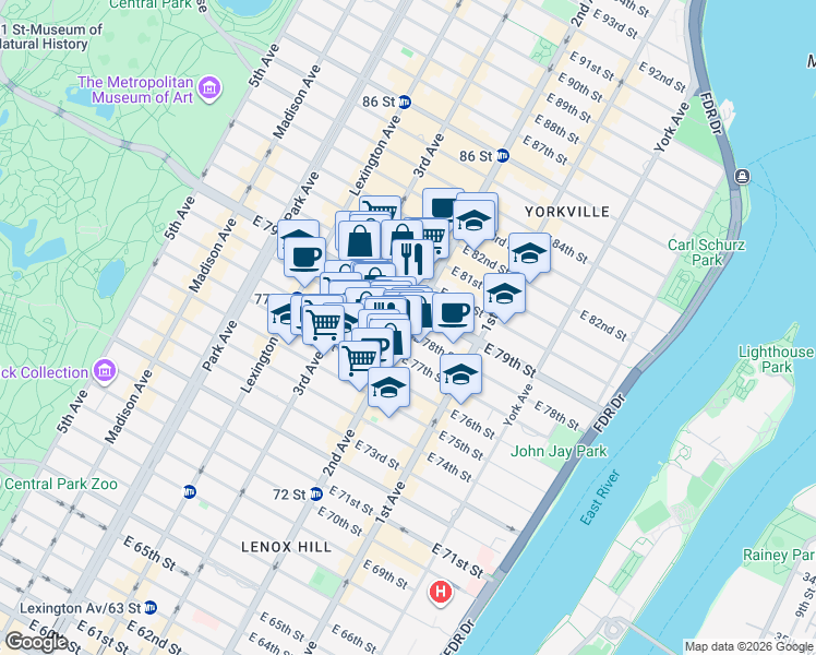 map of restaurants, bars, coffee shops, grocery stores, and more near 301 East 78th Street in New York