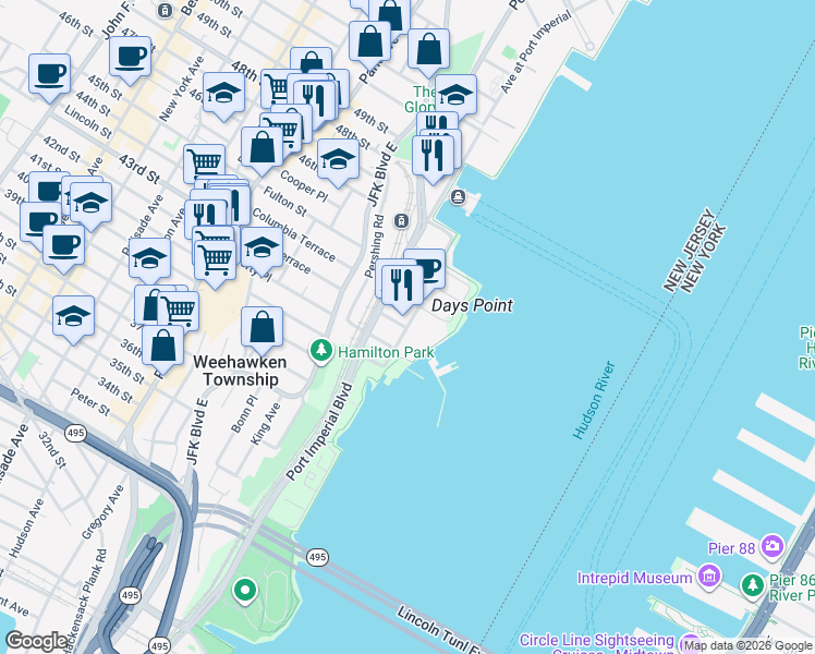 map of restaurants, bars, coffee shops, grocery stores, and more near 1300 Avenue at Port Imperial in Weehawken