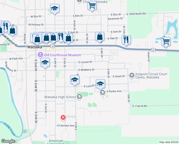 map of restaurants, bars, coffee shops, grocery stores, and more near 537 East Mulberry Street in Watseka