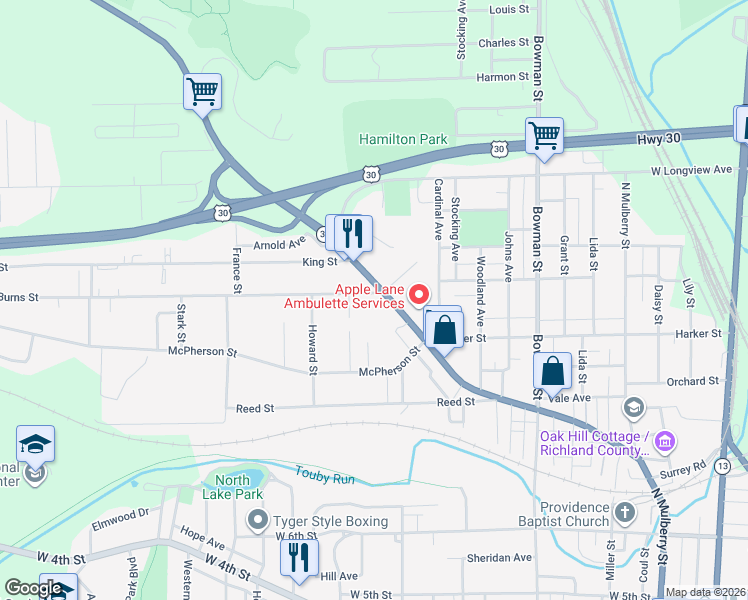 map of restaurants, bars, coffee shops, grocery stores, and more near 423 Burns Street in Mansfield