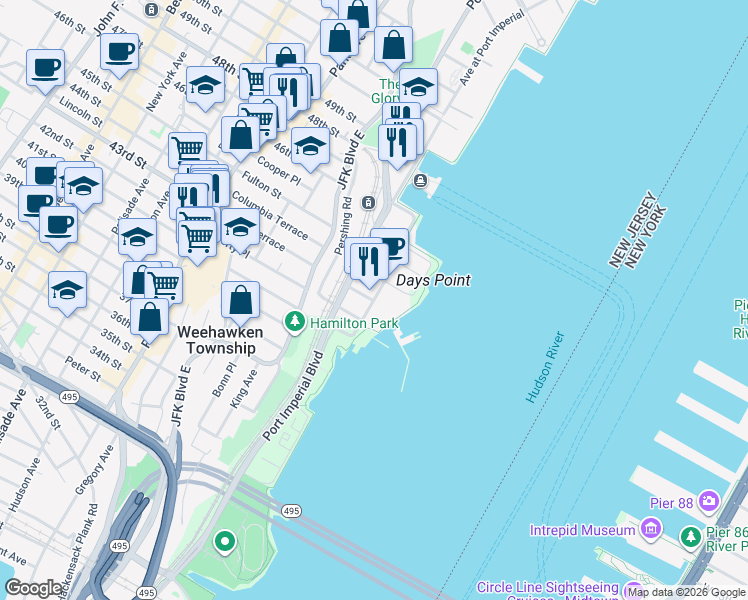 map of restaurants, bars, coffee shops, grocery stores, and more near 1300 Avenue at Port Imperial in Weehawken