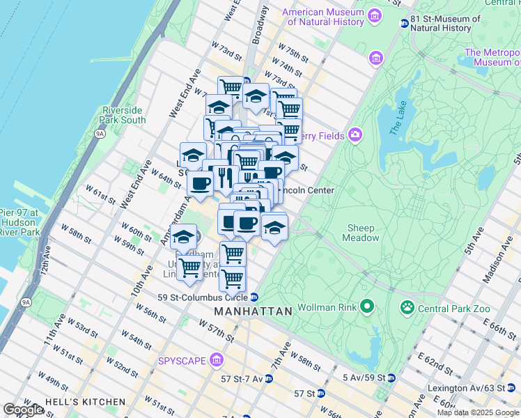map of restaurants, bars, coffee shops, grocery stores, and more near 35 West 65th Street in New York