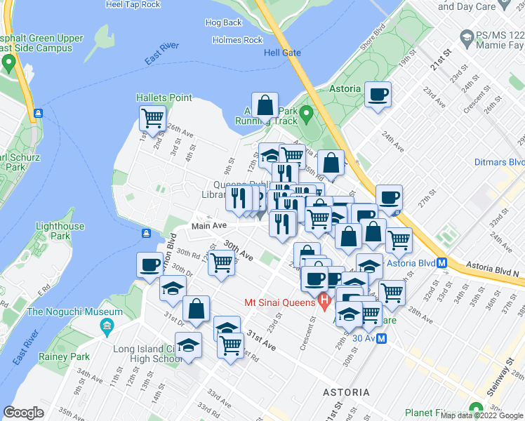 map of restaurants, bars, coffee shops, grocery stores, and more near 14-20 27th Avenue in Queens