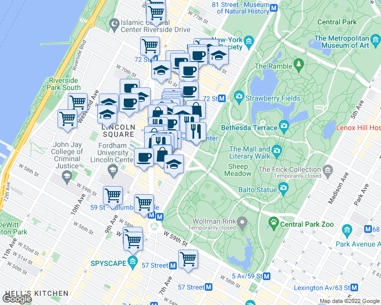 map of restaurants, bars, coffee shops, grocery stores, and more near 70 Central Park West in New York
