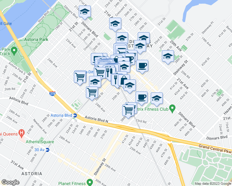 map of restaurants, bars, coffee shops, grocery stores, and more near 23-18 35th Street in Queens