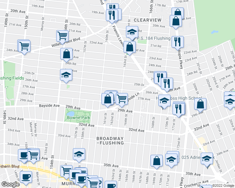 map of restaurants, bars, coffee shops, grocery stores, and more near 160-59 27th Avenue in Queens
