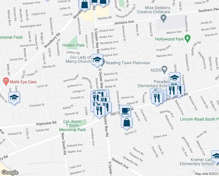 map of restaurants, bars, coffee shops, grocery stores, and more near 9 Relda Street in Plainview