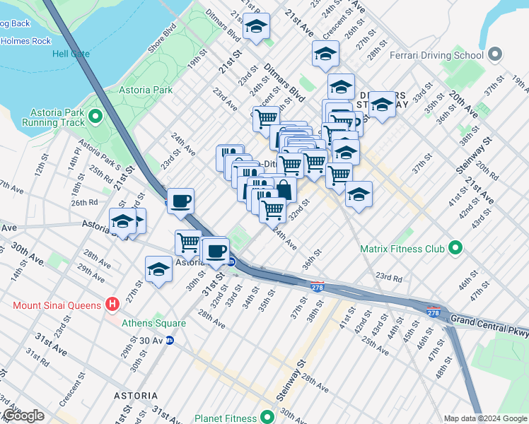 map of restaurants, bars, coffee shops, grocery stores, and more near 2919 24th Avenue in Queens