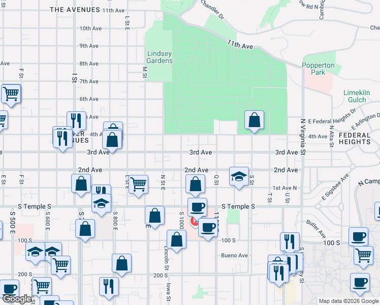 map of restaurants, bars, coffee shops, grocery stores, and more near 903 East 3rd Avenue in Salt Lake City