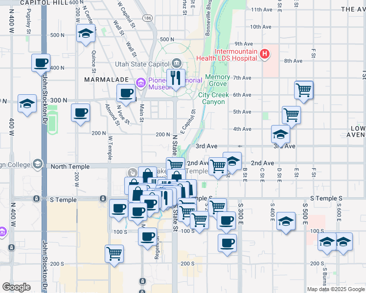 map of restaurants, bars, coffee shops, grocery stores, and more near 158 State Street in Salt Lake City