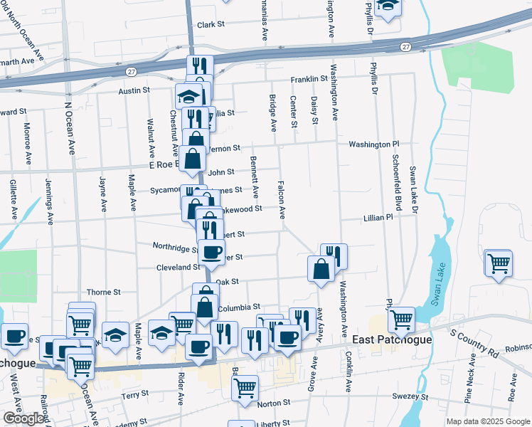 map of restaurants, bars, coffee shops, grocery stores, and more near 216 East Lakewood Street in Patchogue