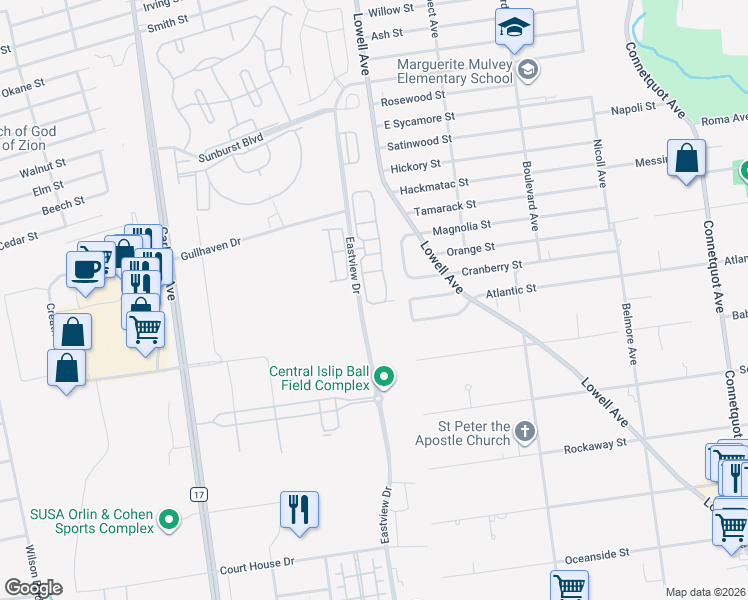 map of restaurants, bars, coffee shops, grocery stores, and more near 242 Medea Way in Central Islip