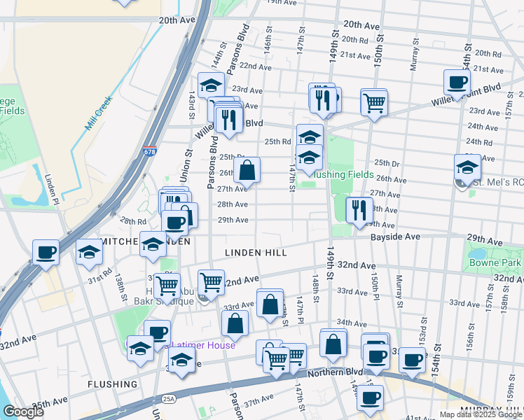 map of restaurants, bars, coffee shops, grocery stores, and more near 146-20 28th Avenue in Queens