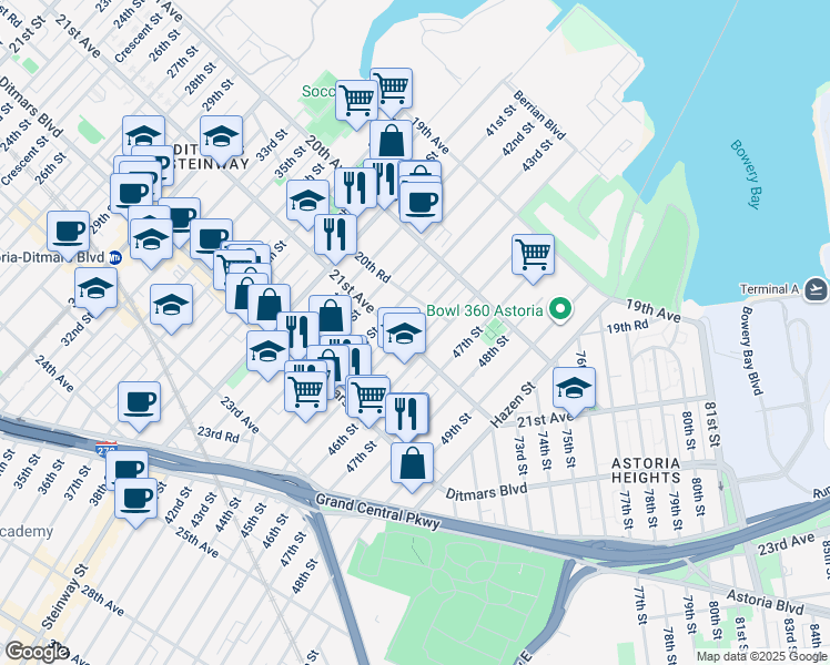 map of restaurants, bars, coffee shops, grocery stores, and more near 20-67 45th Street in Queens