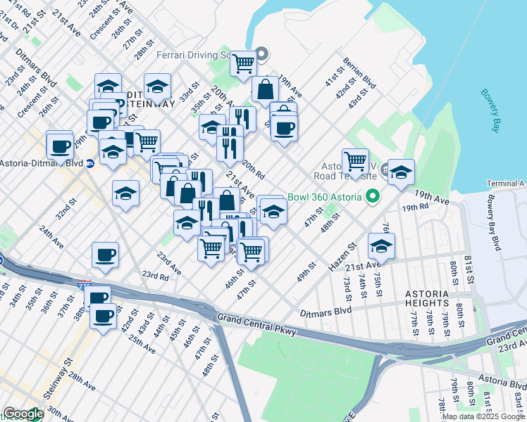 map of restaurants, bars, coffee shops, grocery stores, and more near 42-20 21st Avenue in Queens