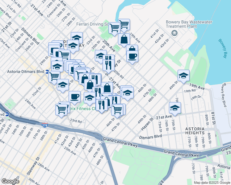 map of restaurants, bars, coffee shops, grocery stores, and more near 42-20 21st Avenue in Queens