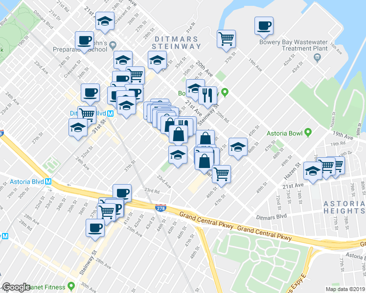 map of restaurants, bars, coffee shops, grocery stores, and more near 21-62 41st Street in Queens