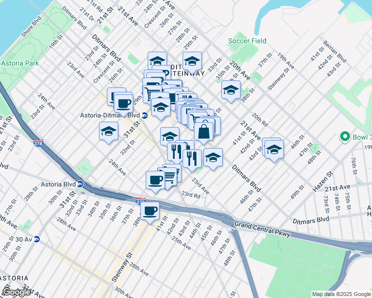 map of restaurants, bars, coffee shops, grocery stores, and more near 22-29 37th Street in Queens