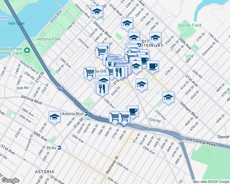 map of restaurants, bars, coffee shops, grocery stores, and more near 23-53 31st Street in Queens