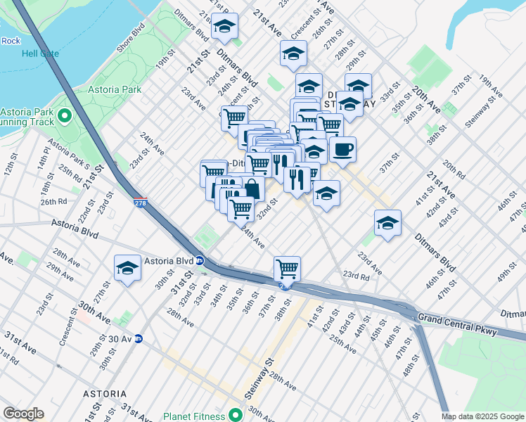 map of restaurants, bars, coffee shops, grocery stores, and more near 23-53 31st Street in Queens