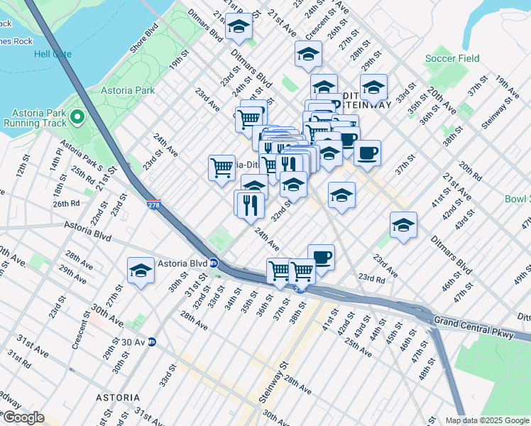 map of restaurants, bars, coffee shops, grocery stores, and more near 23-53 31st Street in Queens