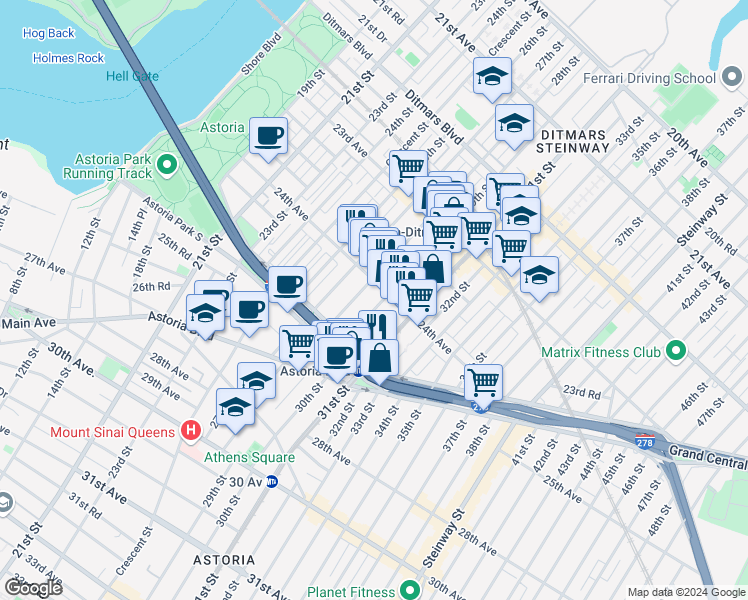 map of restaurants, bars, coffee shops, grocery stores, and more near 28-12 24th Avenue in Queens