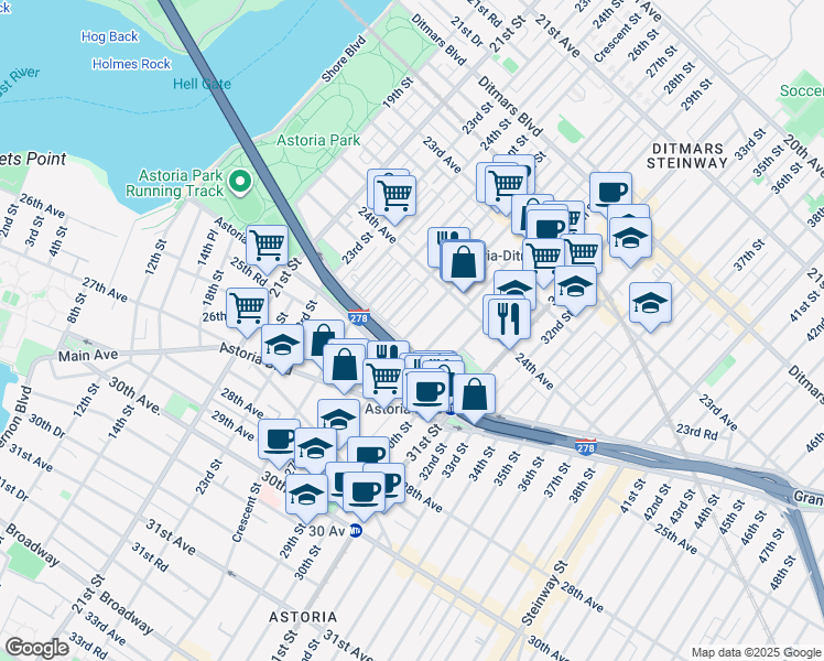 map of restaurants, bars, coffee shops, grocery stores, and more near 24-39 27th Street in Queens