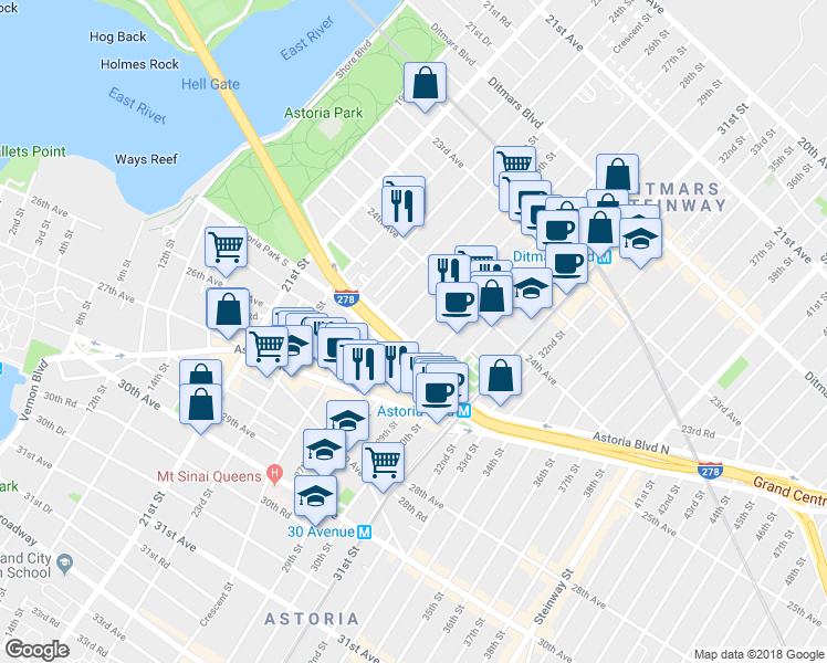 map of restaurants, bars, coffee shops, grocery stores, and more near 24-63 26th Street in Queens