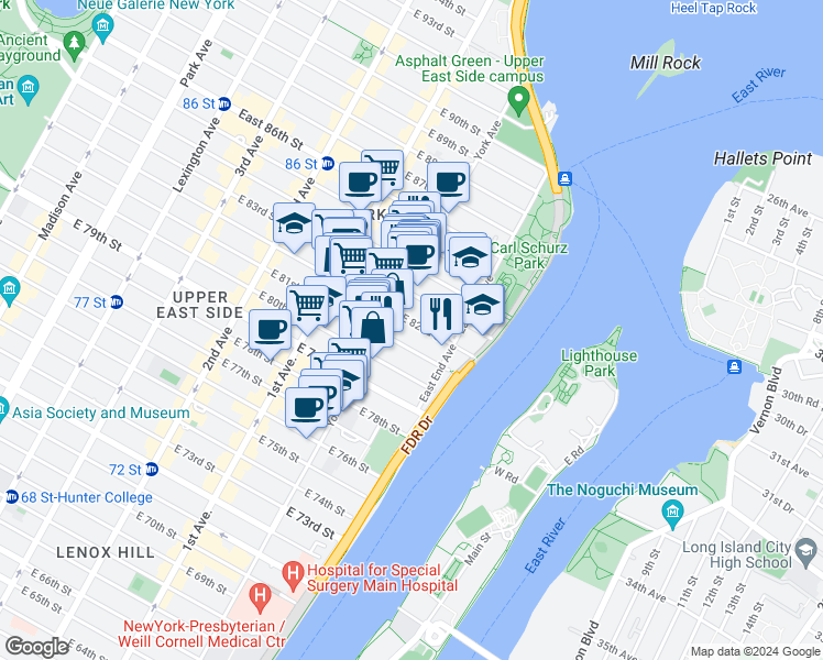 map of restaurants, bars, coffee shops, grocery stores, and more near 506 East 82nd Street in New York