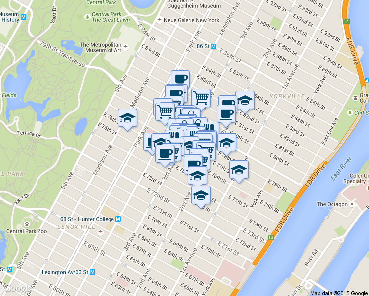 map of restaurants, bars, coffee shops, grocery stores, and more near 205 East 77th Street in New York