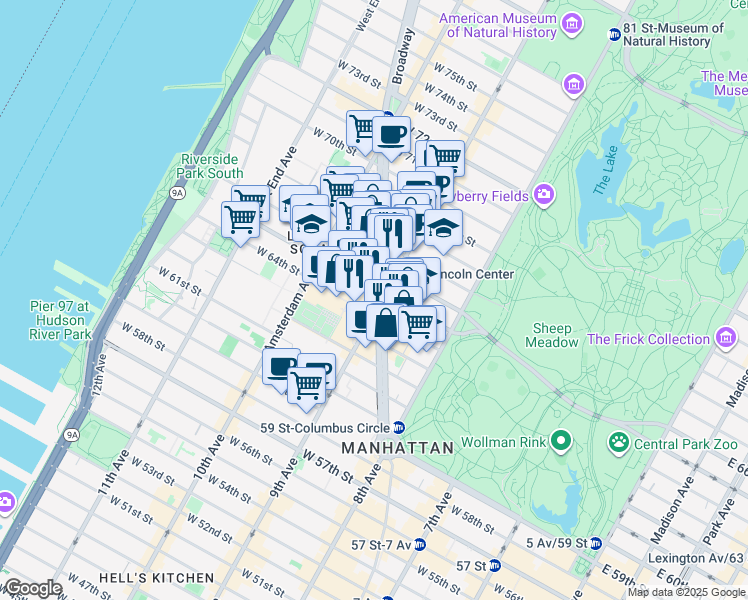 map of restaurants, bars, coffee shops, grocery stores, and more near 20 West 65th Street in New York