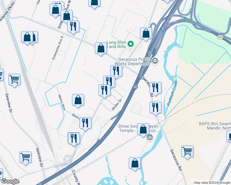 map of restaurants, bars, coffee shops, grocery stores, and more near 258 County Avenue in Secaucus