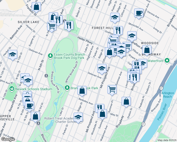 map of restaurants, bars, coffee shops, grocery stores, and more near 571-573 Parker Street in Newark